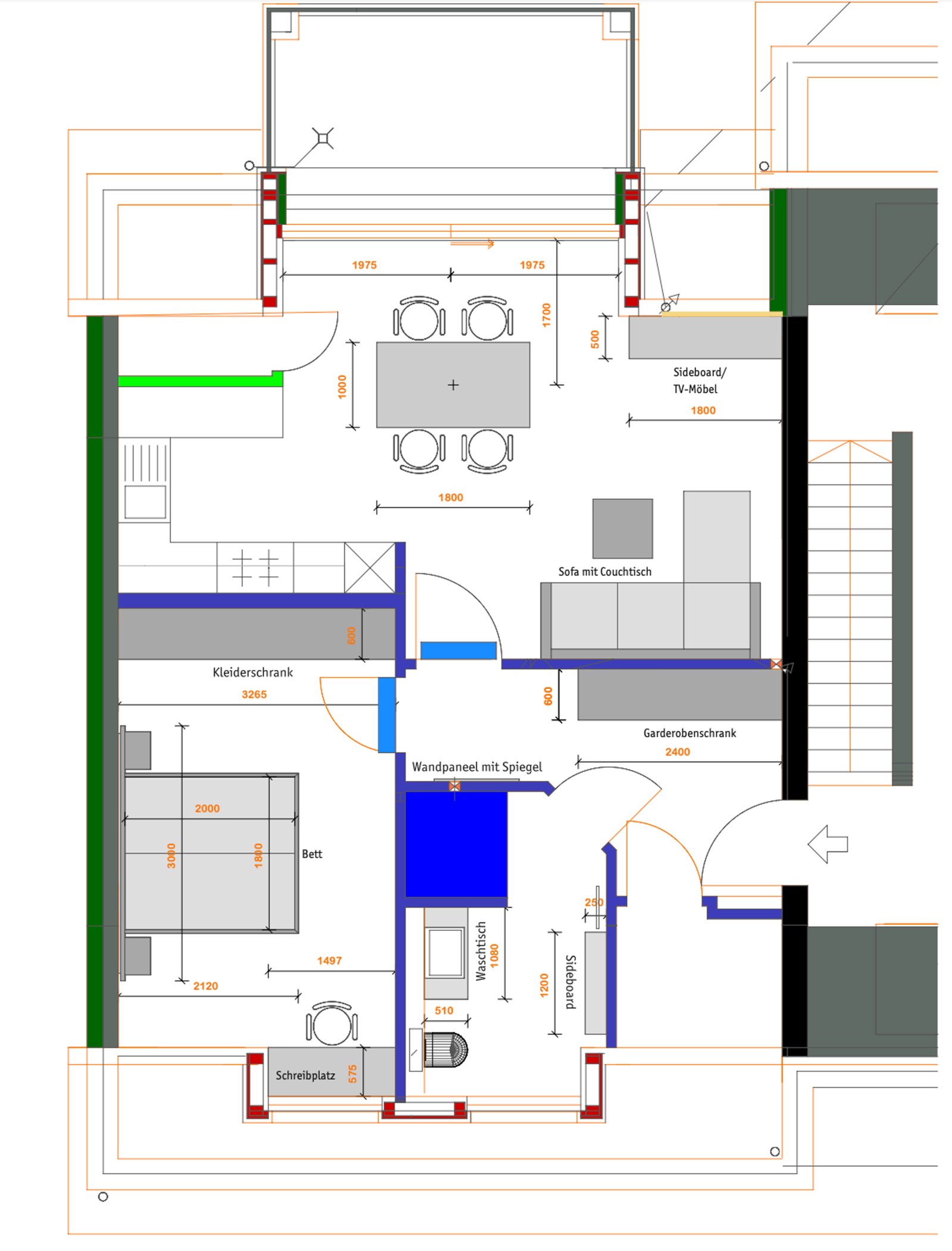 Grundriss der Wohnung mit Bett, Sofa, Esstisch und Küche.