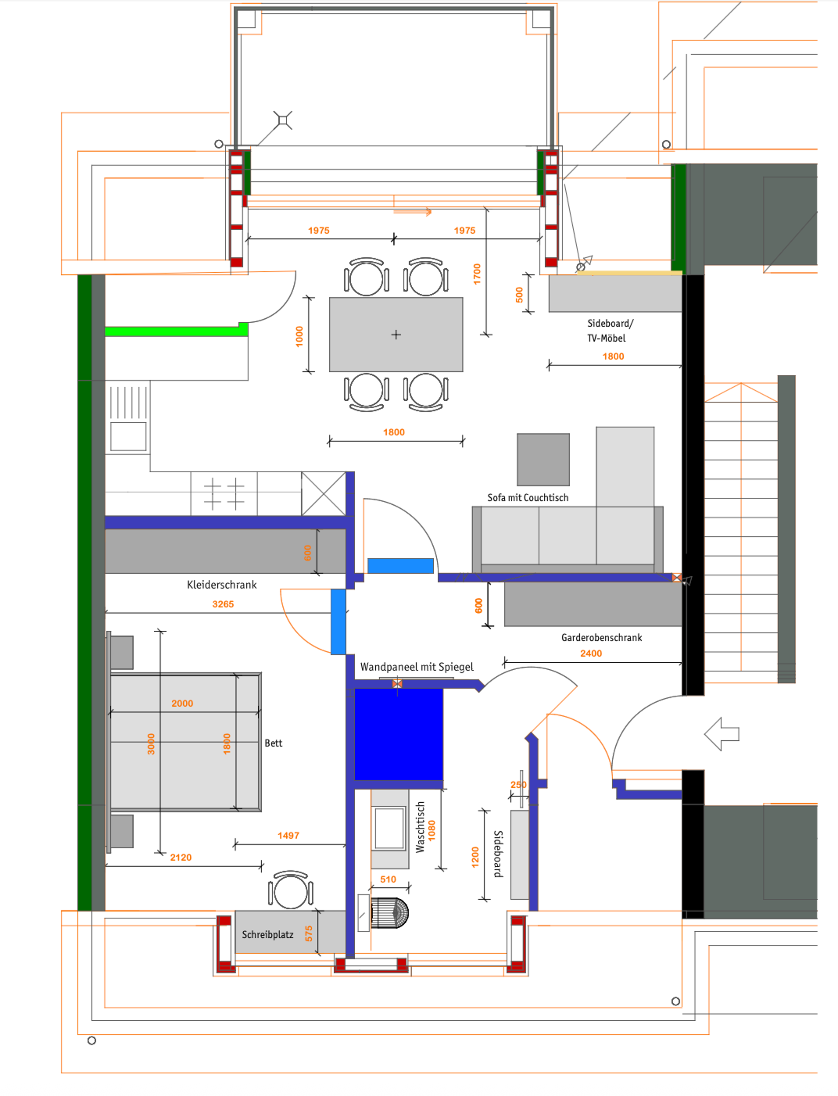 Grundriss einer Wohnung mit Möbeln, Maßen und Beschriftungen wie Kleiderschrank, Bett, Sofa, Waschtisch und Garderobenschrank.
