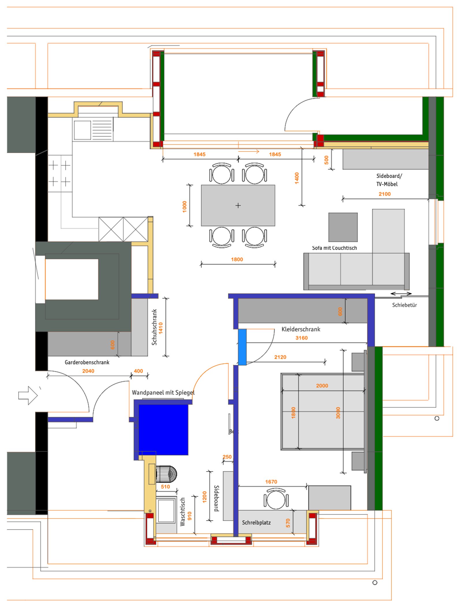 Grundriss einer Wohnung mit Wohnzimmer, Küche, Schlafzimmer, Bad und Loggia.