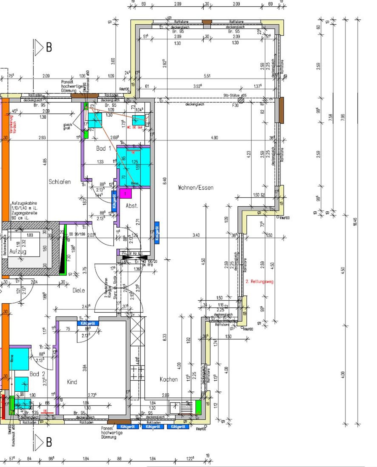 Architektonischer Grundriss mit Maßen und Beschriftungen für Wohn-, Schlaf-, Bad-, Kinderzimmer und Küche.