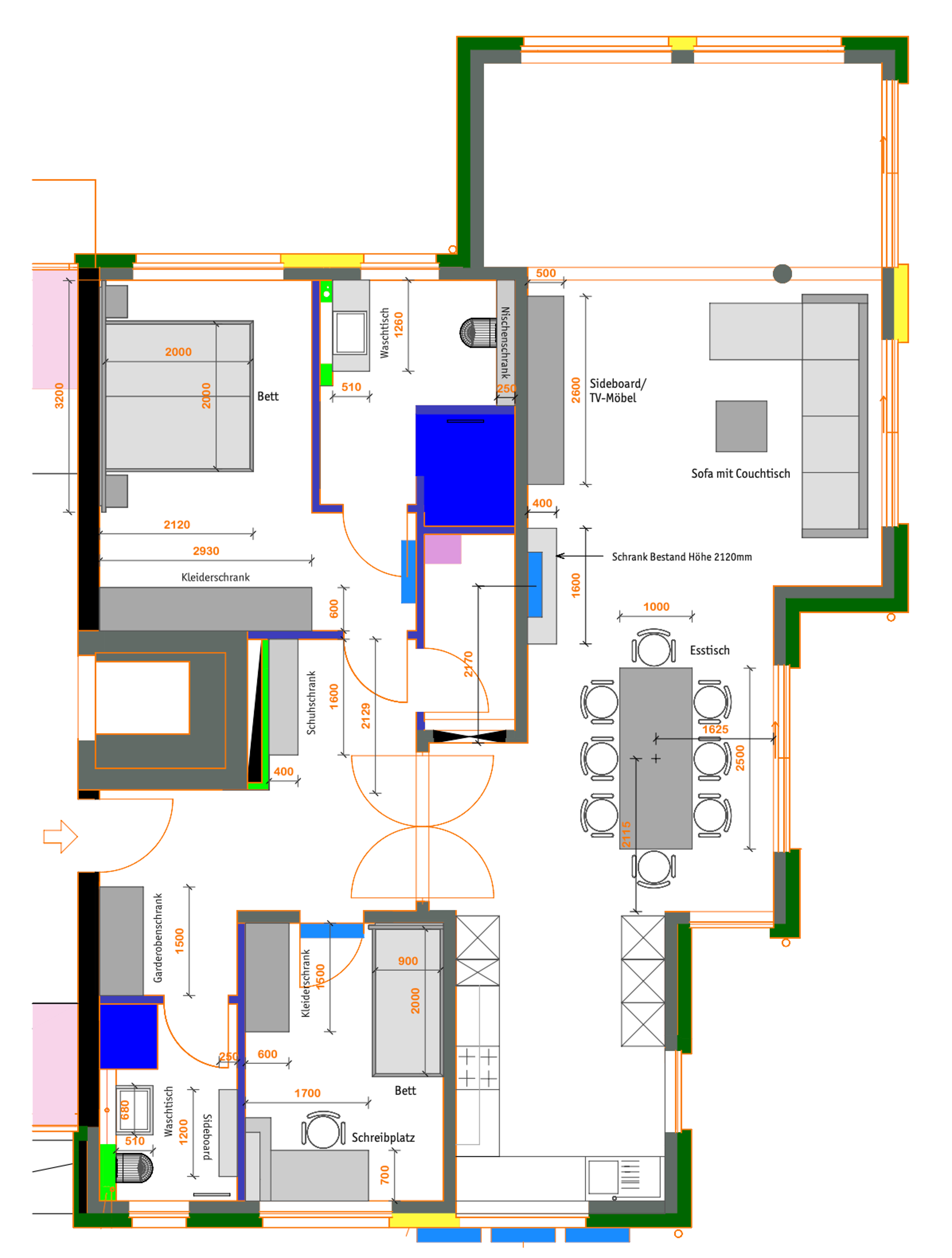 Grundriss einer 4-Zimmer-Wohnung mit zwei Schlafzimmern, Küche, Wohnbereich und Esszimmer.