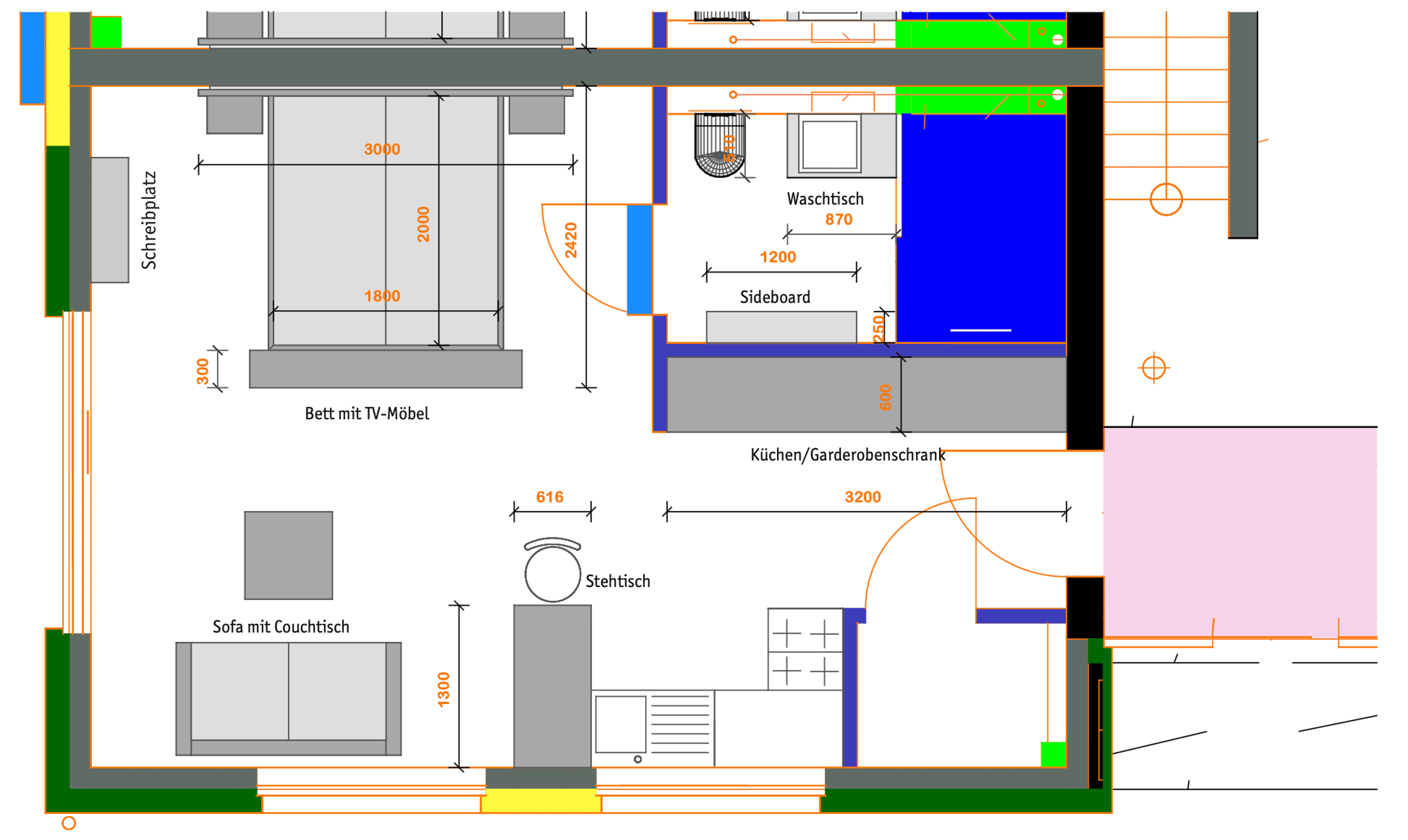 Grundriss der Wohnung 1 mit Schlafzimmer, Bad, Küche und Wohnbereich.