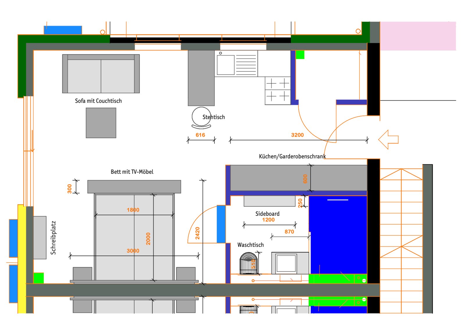 Grundriss der Wohnung 2 mit Sofa, Couchtisch, Bett mit TV-Möbel, Schreibtisch und Waschtisch.