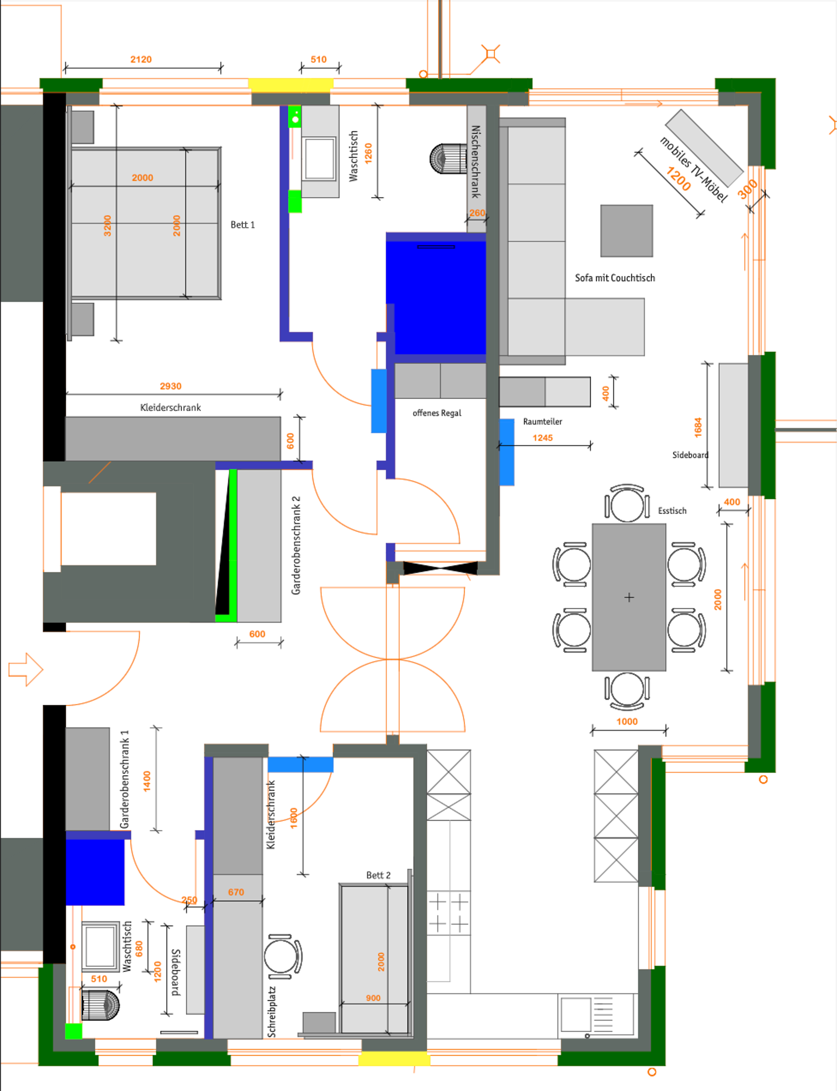 Grundriss einer Wohnung mit zwei Schlafzimmern, zwei Bädern, Küche, Essbereich und Wohnzimmer.